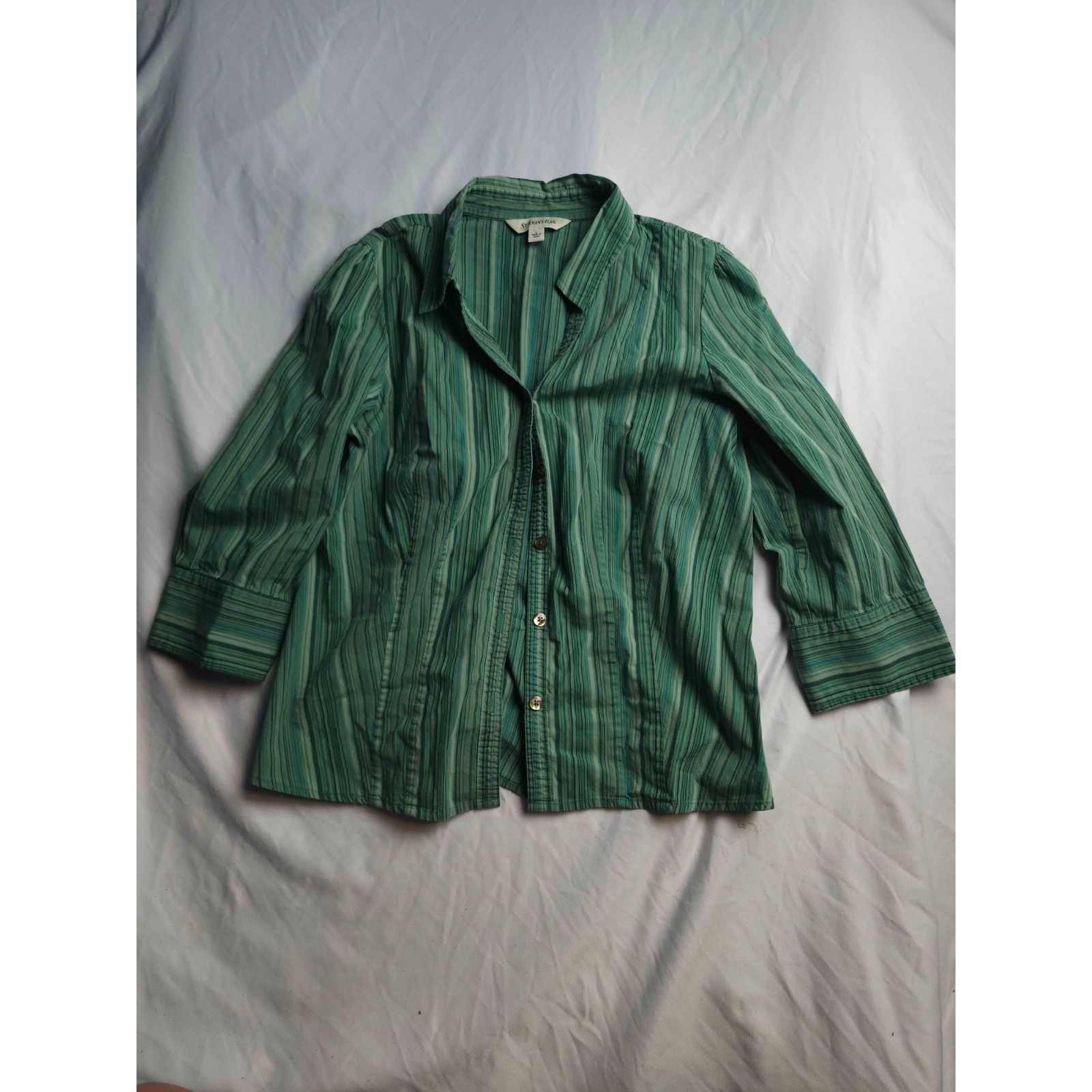 St. Johns Bay Button Up Shirt Womens 1x Plus Green Blue Striped Dark Academia